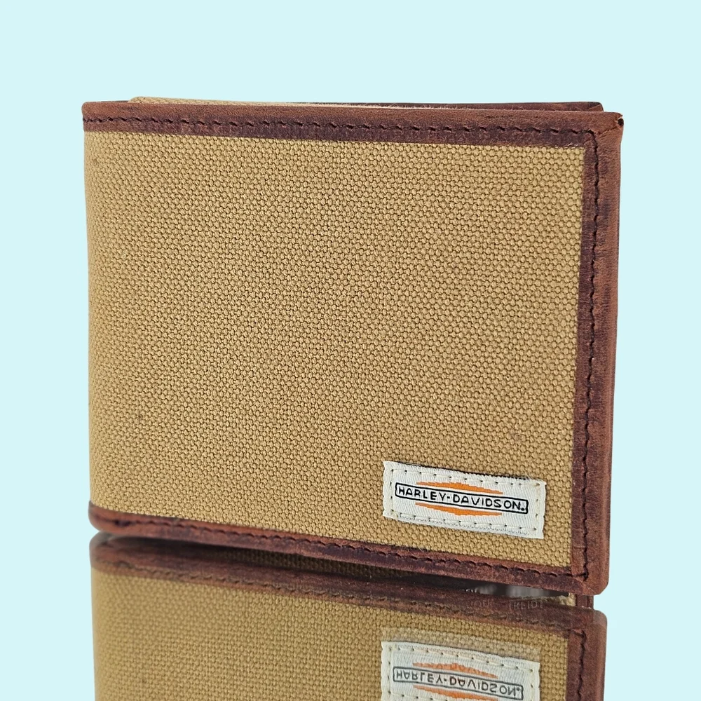 Harley Davidson Wallet Cotton Canvas Bifold Khaki Leather Trim RFID Protection